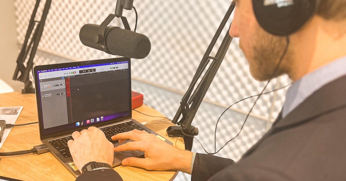 Samuel Pickens recording a podcast session on location